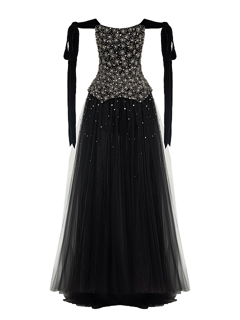 Черное платье-макси из фатина с кристаллами, 1