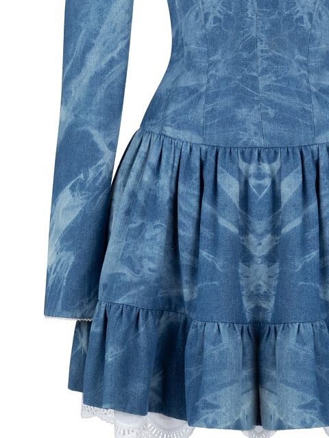 Синее платье-мини из денима с разводами в технике Tie-Dye, 3 Синее платье-мини из денима с разводами в технике Tie-Dye, 3
