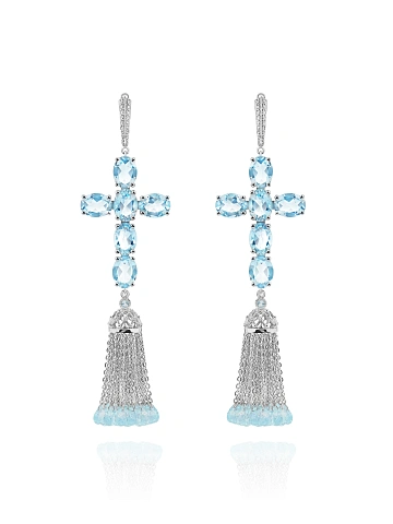 Серьги-кисти с крестами из белого золота и с топазами Sky Blue, 1