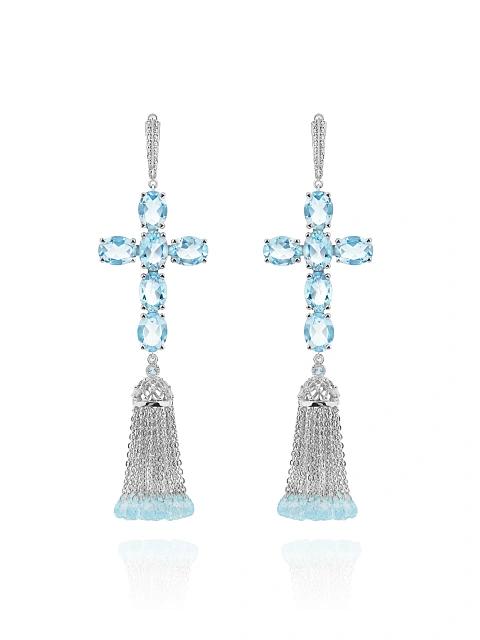 Серьги-кисти с крестами из белого золота и с топазами Sky Blue, 1 Серьги-кисти с крестами из белого золота и с топазами Sky Blue, 1