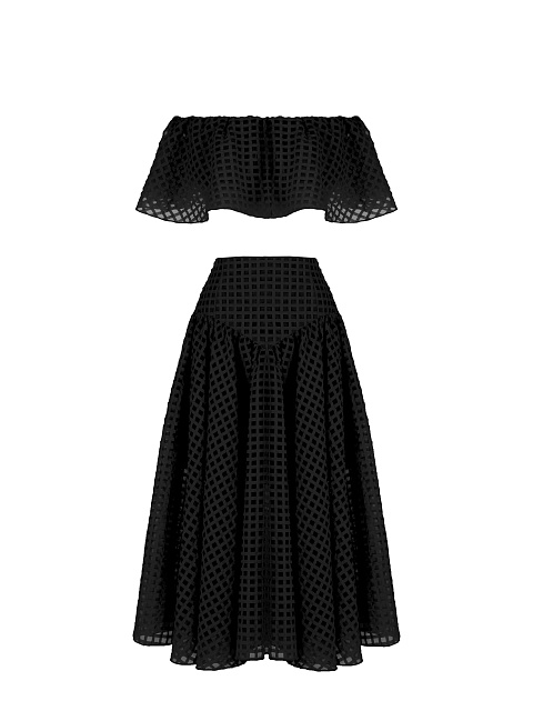 Черный шифоновый комплект из топа и юбки-миди, 1 Черный шифоновый комплект из топа и юбки-миди, 1