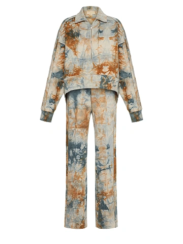 Голубой tie-dye костюм с укороченной толстовкой и бежевой вышивкой в виде васильков, 1