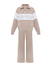 Костюм из бежевого трикотажа с белой полосой,свитшот с вышивкой по переду/спинке,реглан,брюки прямые