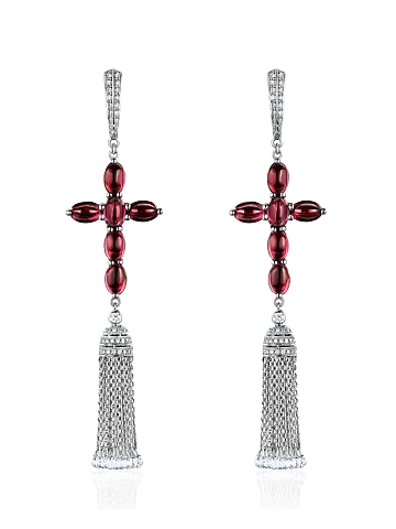 Серьги-кисти с крестами из белого золота с гранатами, 1