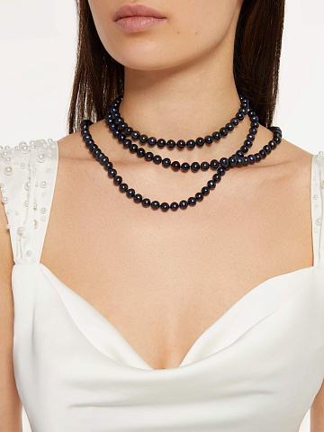 Колье из серебра с бусинами из черного жемчуга, 155 см, 2