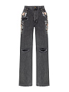 Джинсы из хлопка широкие, темно-серого цвета YANA Jeans, аппликация цветы