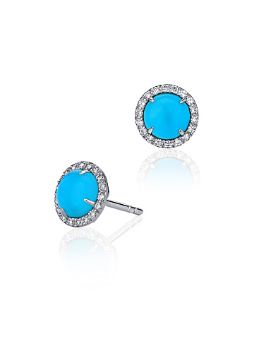 Серьги-гвоздики из белого золота, бирюзы и круглых бриллиантов, 1