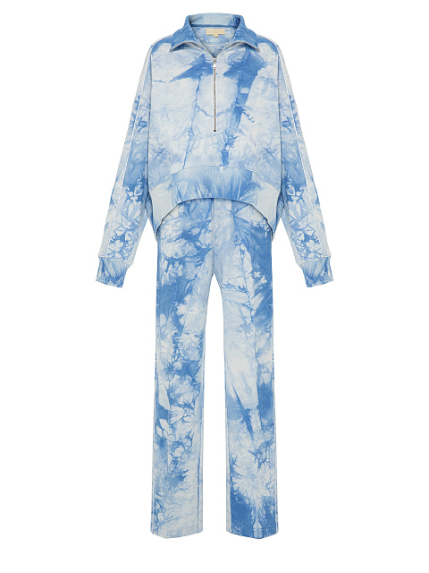 Голубой костюм tie-dye с укороченной толстовкой и вышивкой в виде васильков, 1 Голубой костюм tie-dye с укороченной толстовкой и вышивкой в виде васильков, 1