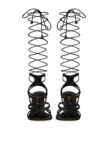 Черные замшевые босоножки на каблуке с длинными завязками, 2